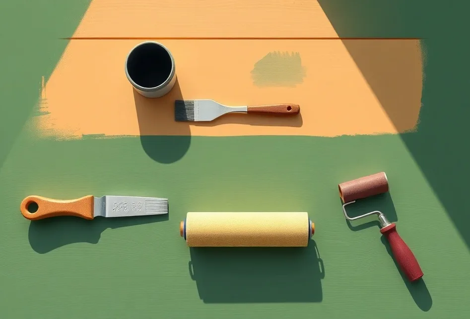 Outils de peinture disposés dans l'ordre des étapes du chantier