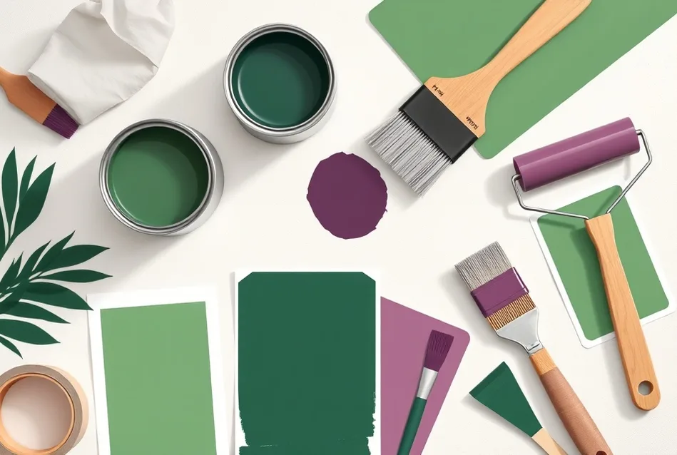 Pots de peinture, nuancier, brosses et rouleaux disposés à plat