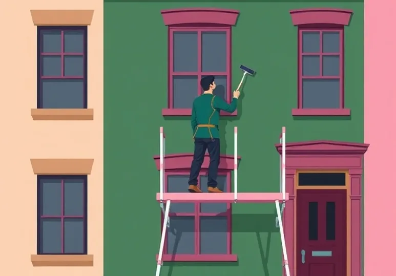 Peintre sur échafaudage traitant la façade d'une maison