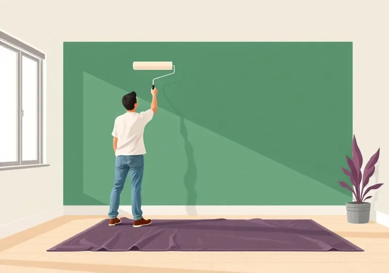 Peintre appliquant la peinture au rouleau sur un mur de salon